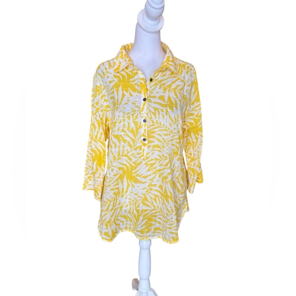 Columbia Summer Ease Popover Tunic Buttercup Yellow White Leaf Cotton Womens XL
